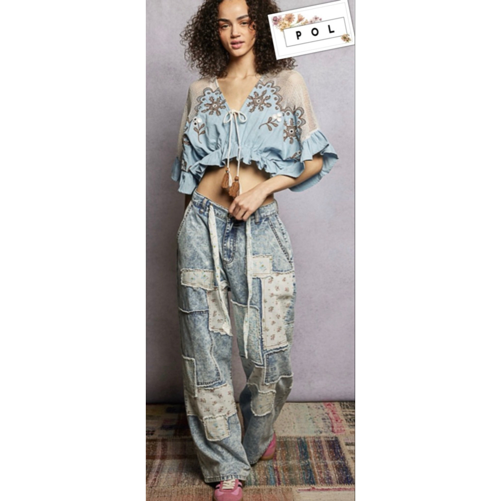 New POL Denim Patchwork Boho Chic Baggy Y2K Free People Vibe Pants Sizes S, M, L - Picture 9 of 9
